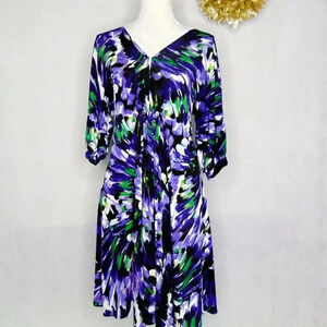 Angela Dean Womens ALine Dress Purple Paint Strokes Ruched VNeck 3/4 Sleeve sz L
